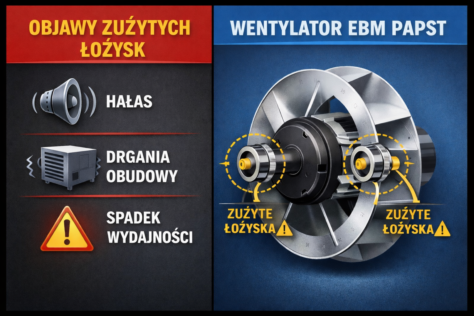 Objawy zużytych łożysk w wentylatorze rekuperatora EBM PAPST &ndash; hałas, wibracje, spadek wydajności